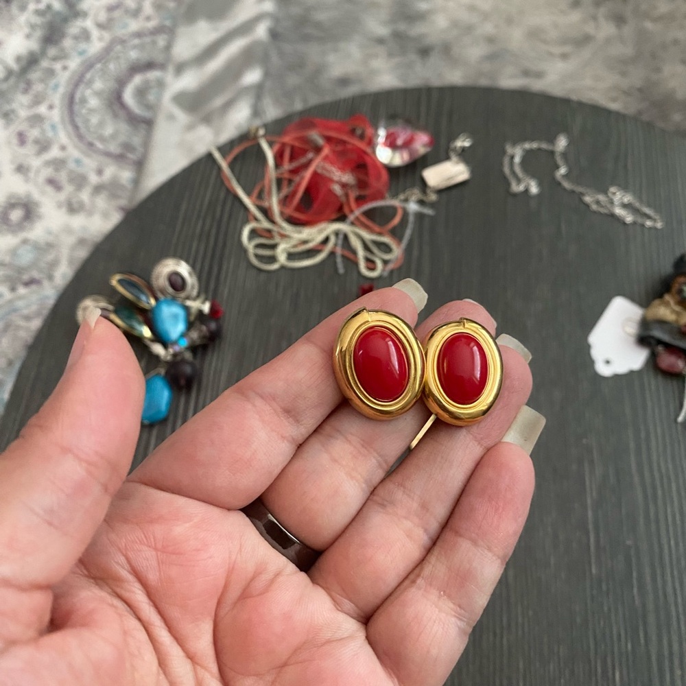 Monet Gold-Tone Earrings with Red Oval Cabochons